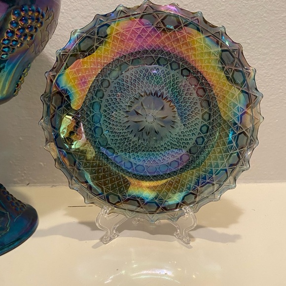 Vintage Indiana Glass 'Blue Harvest' Grape Cluster Pedestal Candy Dish & Plate - Picture 9 of 11